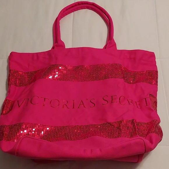 Victoria's Secret Sequin pink XL duffle bag Vacation overnight Beach Canvas bag - Picture 1 of 6